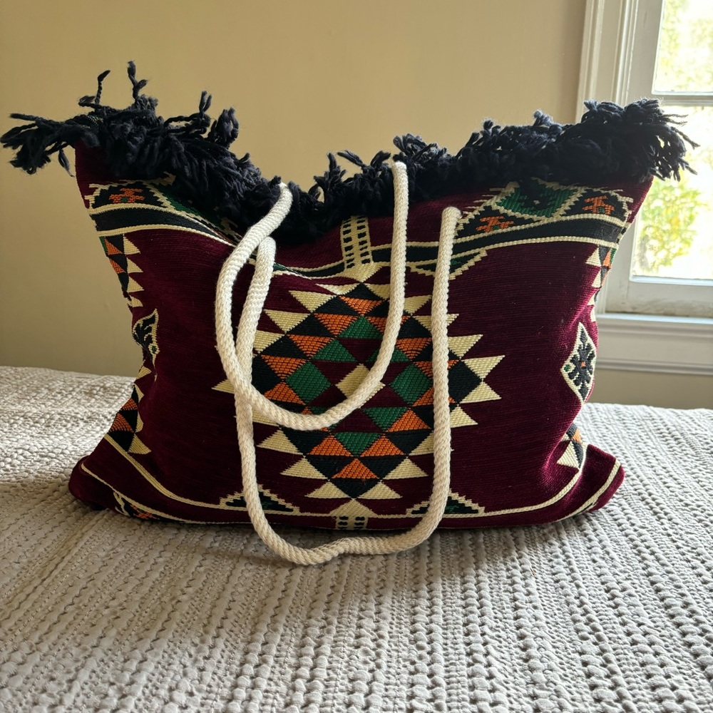 Maroon Kilim oversized tote with zipper